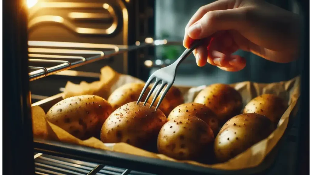 Russet potatoes pierced with a fork on a baking sheet, ready for baking for the twice baked potato recipe