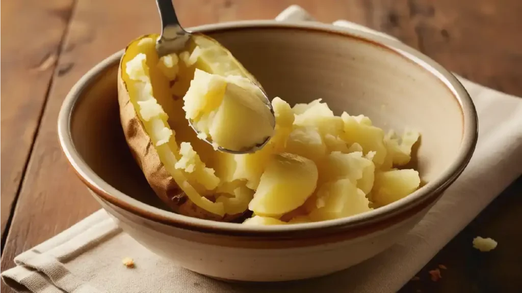 Baked potato cut in half with its flesh being scooped out into a bowl for twice baked potato mashed recipe