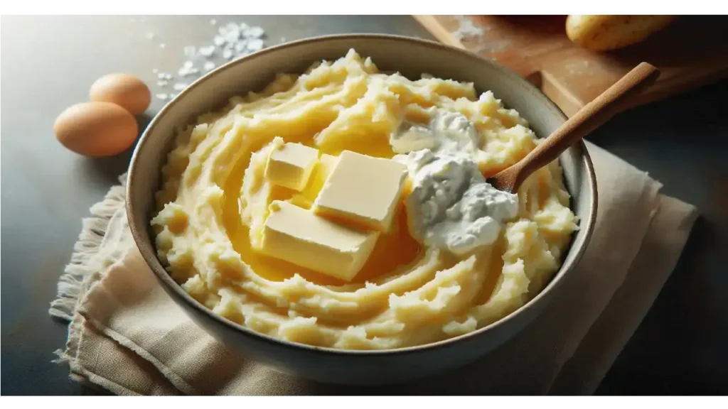 Mashed potato mixture in a bowl with butter, heavy cream, and other ingredients being mixed for twice baked potato mashed recipe.