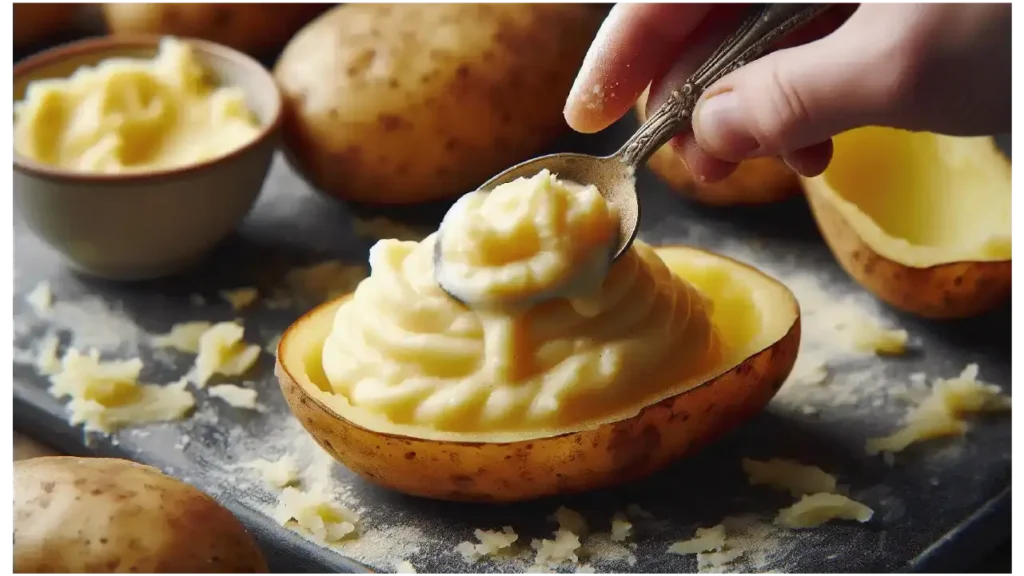 Creamy mashed potato mixture being spooned into potato skins for twice baked potato mashed recipe.