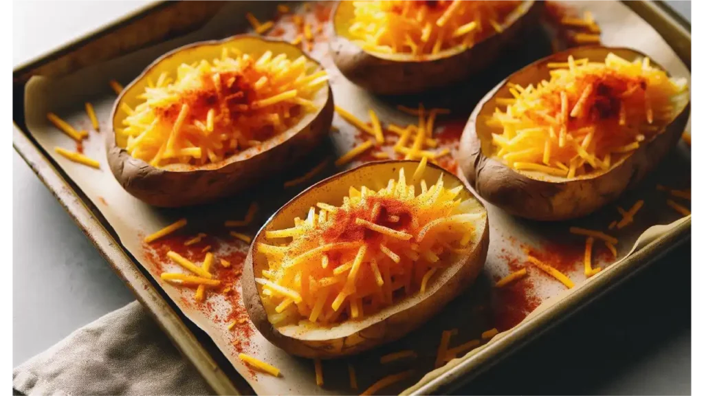 Filled potato skins topped with shredded cheese and paprika, ready for the second bake for twice baked potato mashed recipe.