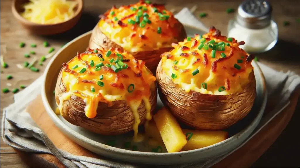 Twice baked potato halves served on a plate, garnished with chives and additional cheese for twice baked potato mashed recipe.