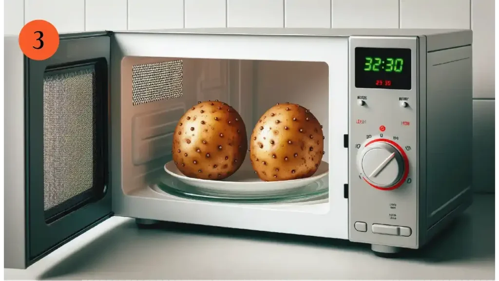 Russet potatoes on a plate being microwaved for French Onion Twice Baked Potatoes.