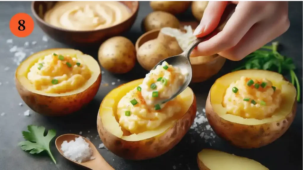 Potato skins being filled with a creamy French onion potato mixture on a baking sheet.