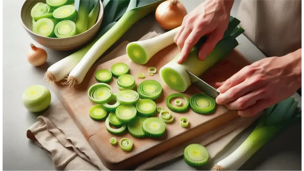 Slicing Leeks for Creamy Chicken and Leeks Recipe