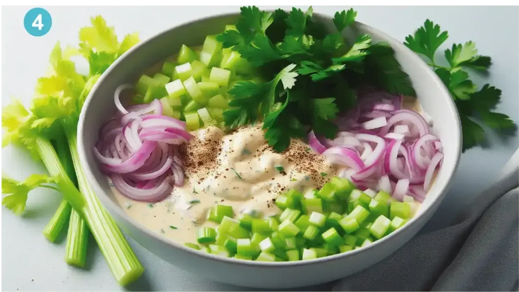 Mixing all vegetables in Dressing of Dill Pickle Chicken Salad recipe