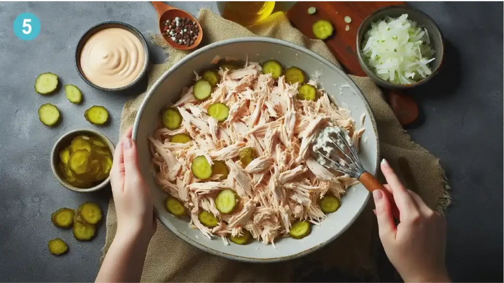 Mixing Dressing of Dill Pickle Chicken Salad recipe