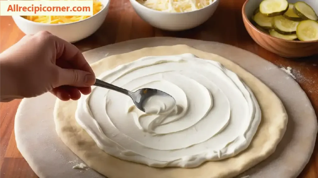 Spreading Sour Cream on pickle Pizza pie Dough