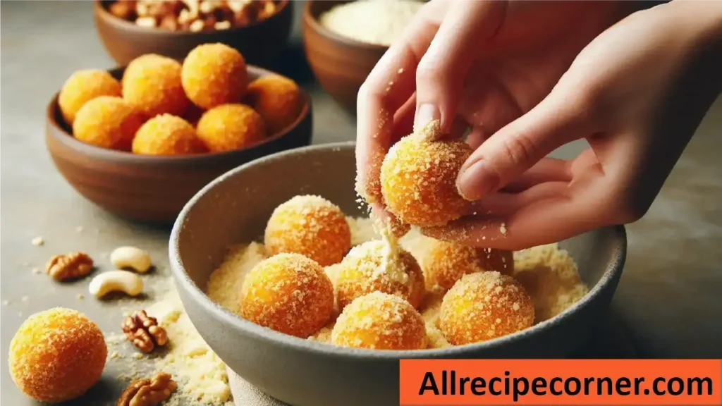 Goat cheese balls being coated with chopped nuts in a bowl