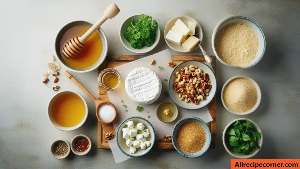 Ingredients for making goat cheese balls including goat cheese, honey, nuts, herbs, breadcrumbs