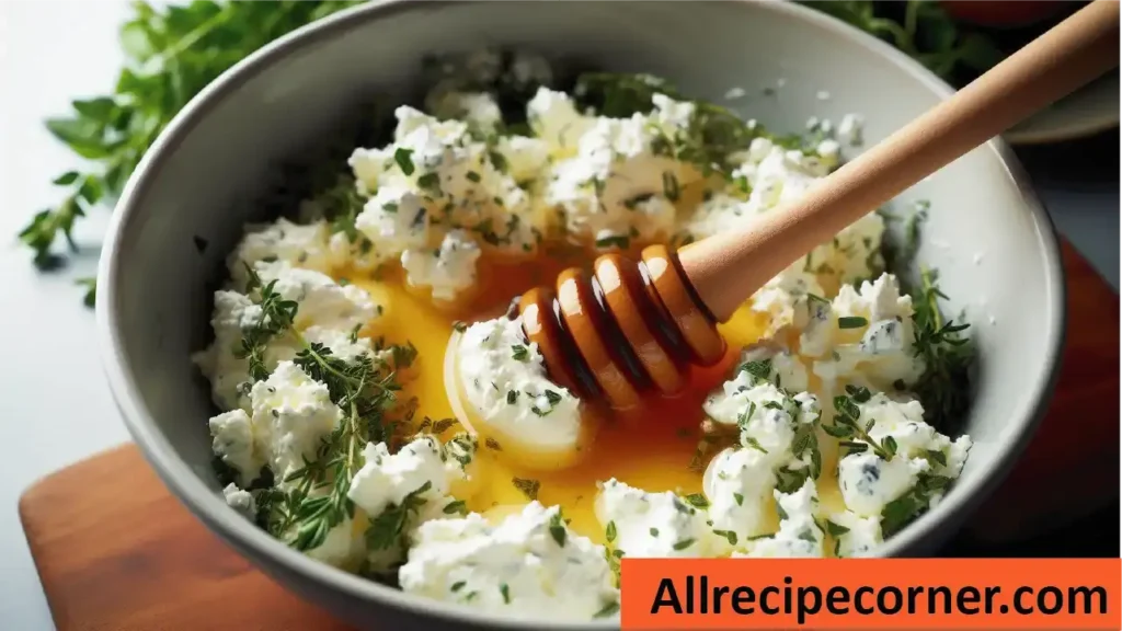 Goat cheese mixed with honey and fresh herbs in a bowl