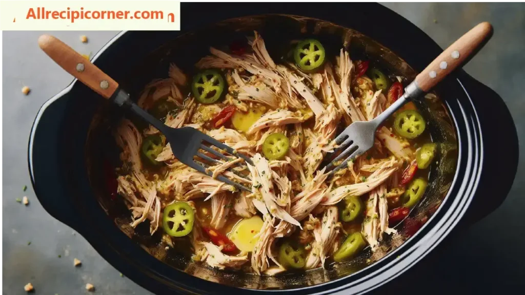 Shredding Cooked Pepperoncini Chicken in Crock Pot