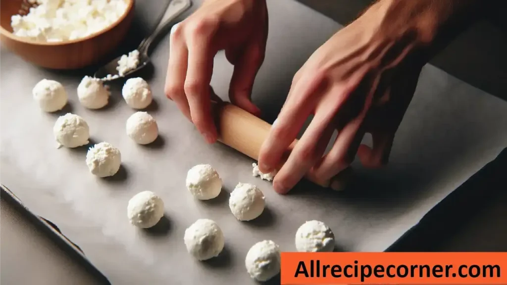 Hands shaping goat cheese mixture into small cheese balls on parchment