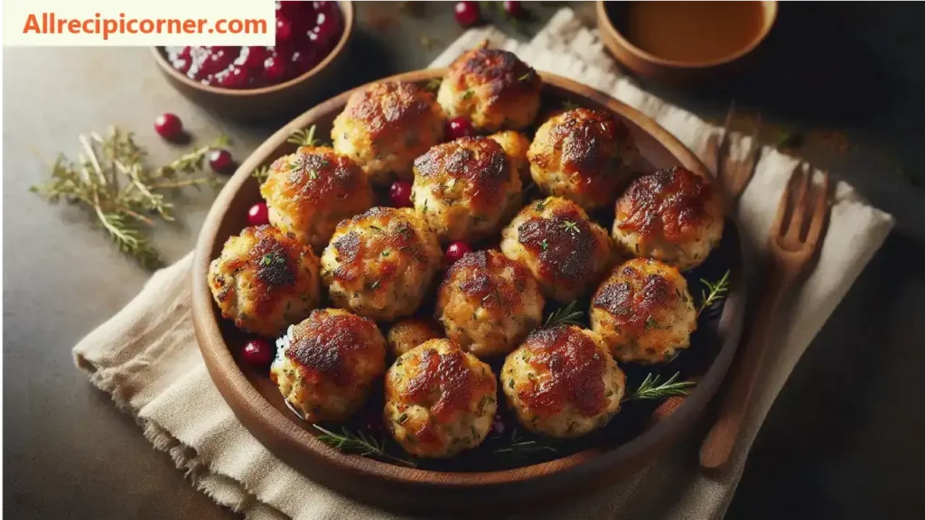 Served Turkey Stuffing Meatballs with Mozzarella